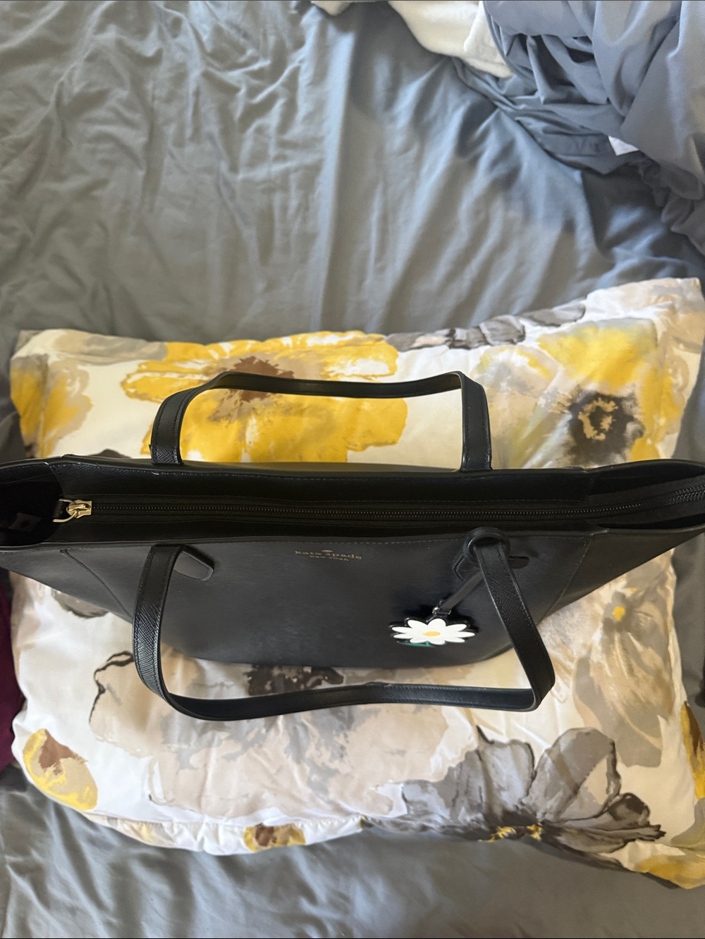 kate spade Black Leather Tote with White Daisy Charm - Picture 11 of 16